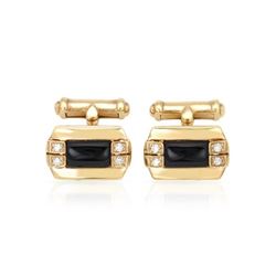 Bezel-Set Black Agate Cuff Links With Diamond In 18K Yellow Gold | 294878