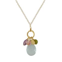 Aqua Semi Precious Stones On Gold Tone Brass Donut Ring Necklace -16