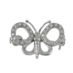 Rhodium Plated Sterling Silver Butterfly Pin, With White Czs, 22Mm Wide