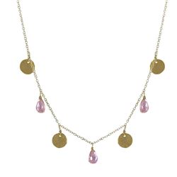 Pink 6X9mm CZ And 10Mm Coin Hanging From Gold Tone Brass Chain Necklace- 16" 2"