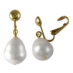 White Shell 12X15mm Baroque Pear Shape Pearl On Gold Tone Brass Clip On Earrings -1.18