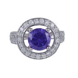 Amethyst Color Round CZ, Surrounded With White Czs, Sterling Silver Ring Size 7