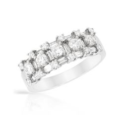 Prong-Set Baguette & Round Diamond Ring In 18K White Gold | 205620