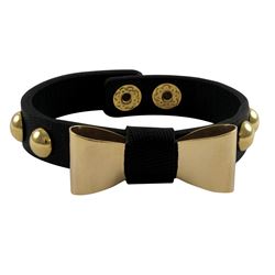 Gold Plated Stainless Steel Bow Design On Black Color Leather Bracelet With Snap Closure, 7.5"