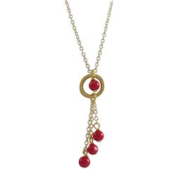 Genuine Red Coral 4Mm Balls And Coral 4Mm Ball In Ring, Lariat Style Necklace, Gold Plated Brass Cha