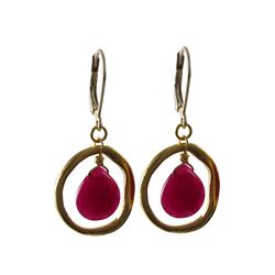 Ruby Semi Precious Stone In Gold Tone Brass Ring Sterling Silver Lever Back Earrings- 1.46