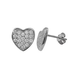 Rhodium Plated Sterling Silver 10X10mm Heart, CZ Post Stud Earrings