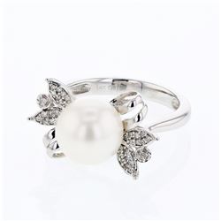 Fresh Water Pearl Ring With Diamond Leaves  In 14K White Gold | 381411