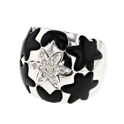 Wide Flower Diamond / Onyx Ring In 18K White Gold | 266322