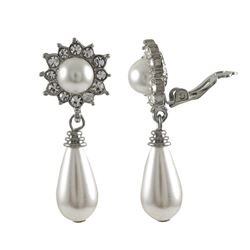 White Glass Faux Pearl With Crystals And Pearl Teardrop Design Clip Earrings- 1.65