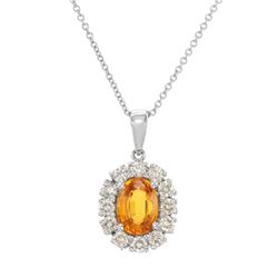 Orange Sapphire W/ Diamond Halo Slider W/ Chain In 14K White Gold | 364735