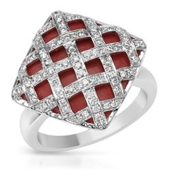 Coral Inlay W/ Weaved Prong-Set Diamond Ring In 14K White Gold | 348408