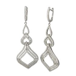 Rhodium Plated Sterling Silver, Open Drop Dangle Lever Back Earrings, With White CZ, 2.75