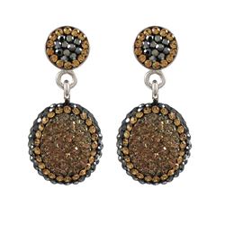 Coffee Druzy Natural Stone Surrounded With Champagne And Black Czech Crystals, Rhodium Plated Brass 