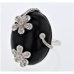 Onyx W/ Floral Accent Diamond Ring In 14K White Gold | 347868