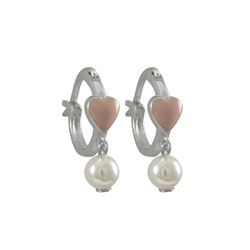 Pink Enamel Heart On Sterling Silver Baby Leverback Earring, Dangling Pearl