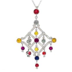 Multi-Colored Sapphire & Diamond Slider W/ Chain In 18K White Gold | 289627