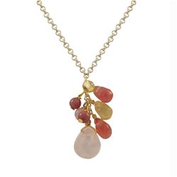 Rose Quartz Teardrop And Round Semi Precious Stone Y Necklace, Gold Plated Brass Chain, 16