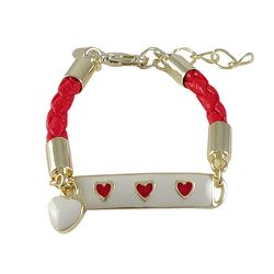 Ivory Enamel Bar With Red Hearts On Red Cord, Gold Plated Brass Bracelet, 4" 1"