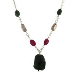 Green Jade Semi Precious Teardrop Stone, Gold Plated Brass Necklace, 20"