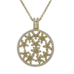 Gold Tone Sterling Silver 30Mm Circle Pendant Flower Design With CZ- 1.61"