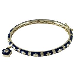 Navy Enamel Flowers With Flower Charm Gold Tone Brass Bangle