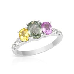 Oval-Shaped 3-Stone Rainbow Sapphire Diamond Ring In 14K White Gold | 283084