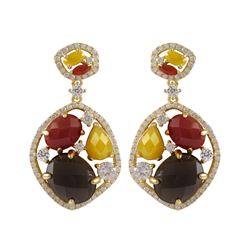 Gold Plated Sterling Silver CZ Post Earrings With Smoky Combination Semi Precious Stones, 1.42"