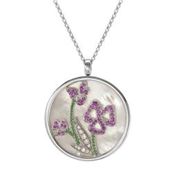 Round MOP W/ Gemstone Flowers Slider W/ Chain  In 14K White Gold | 355763