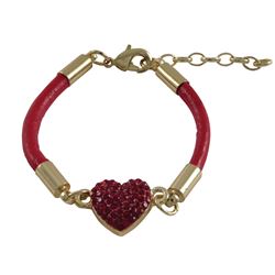 Red Crystal 10X10mm Heart, Red Cord, Gold Plated Brass Bracelet, 4.5 1