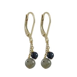 6Mm Labradorite(Grey) And 4Mm Lapis Semi Precious Balls On Gold Plated Sterling Silver Lever Back Ea