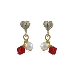 Red 4Mm Swarovski Bead  And White 4Mm Fresh Water Pearl On Gold Plated Sterling Silver Heart Post Ea