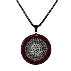 Black Clay Flat 35Mm Circle Pendant Covered With Garnet, Grey And White Crystals On Black Steel Chai