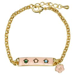 Lt. Pink Enamel Bar With Multi Color Flowers Gold Brass Chain Bracelet