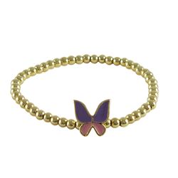 Gold Plated Brass Ball Stretch Bracelet With Pink And Purple Enamel Butterfly 5