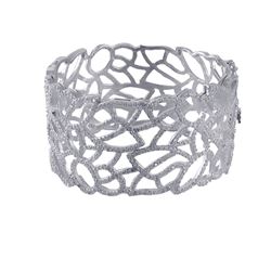 Sterling Silver CZ Wide Cuff Bangle Leaf Filigree Design