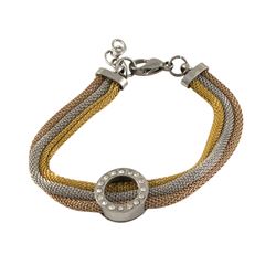 Tri Color Brass Mesh 3 Row Bracelet. White CZ Circle Charm. 7.25