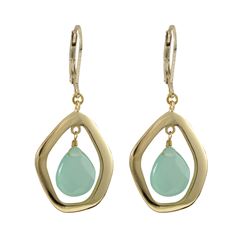 Green Chalcedony Semi Precious Teardrop Stone In Gold Plated Sterling Silver Open Pentagon Shape CZ 