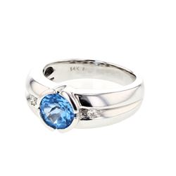 Semi-Bezel Oval Blue Topaz W/ Diamonds Ring In 14K White Gold | 277558