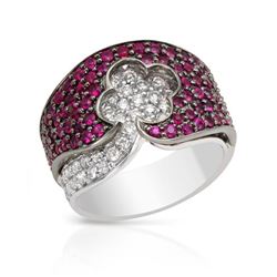 Wide Diamond Band W/ Flower And Ruby In 14K White Gold | 156293