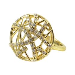 Gold Plated Sterling Silver CZ Ring,16Mm Circle With Half Circle Design, Size 6