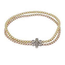 Sterling Silver Two Row Gold And Rose Gold Ball Stretch Bracelet With CZ Bar In Center