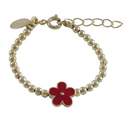 Gold Plated Brass 3Mm Balls Bracelet, With Red Enamel 10Mm Flower, 4.5 1