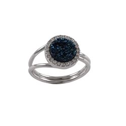 Rhodium Plated Sterling Silver, 11Mm Round Circle, 8Mm Blue Druzy Natural Stone With CZ Border, Adju