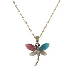 Multi Color Cat's Eye Stone Dragonfly With Black And White Crystals,Gold Plated Brass Pendant, 1.14"