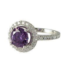 Amethyst Color Round CZ, Surrounded With White Czs, Sterling Silver Ring Size 7