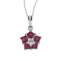 14K White Gold Ruby And Diamond Floral Star Pendant With 18" Chain