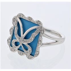 Square Turquoise Ring W/ Diamond Butterfly Accent In 18K White Gold | 344089