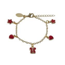 Red Flower, Butterfly, And Heart Hanging Charms On Gold Plated Brass Bracelet, 5