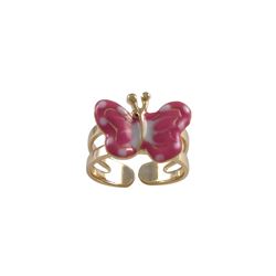 Hot Pink & White Enamel Butterfly, Gold Tone Brass Ring